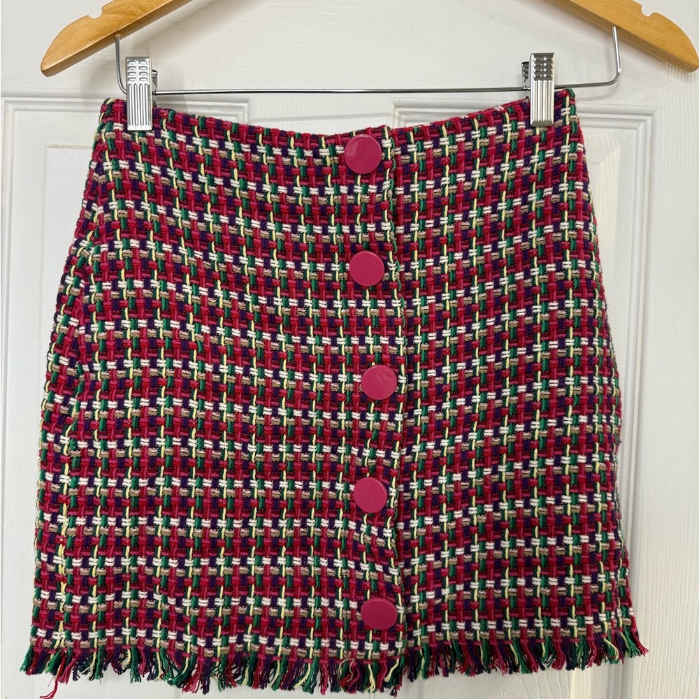 Zara Multicolor Tweed Mini Skirt with Pink Buttons